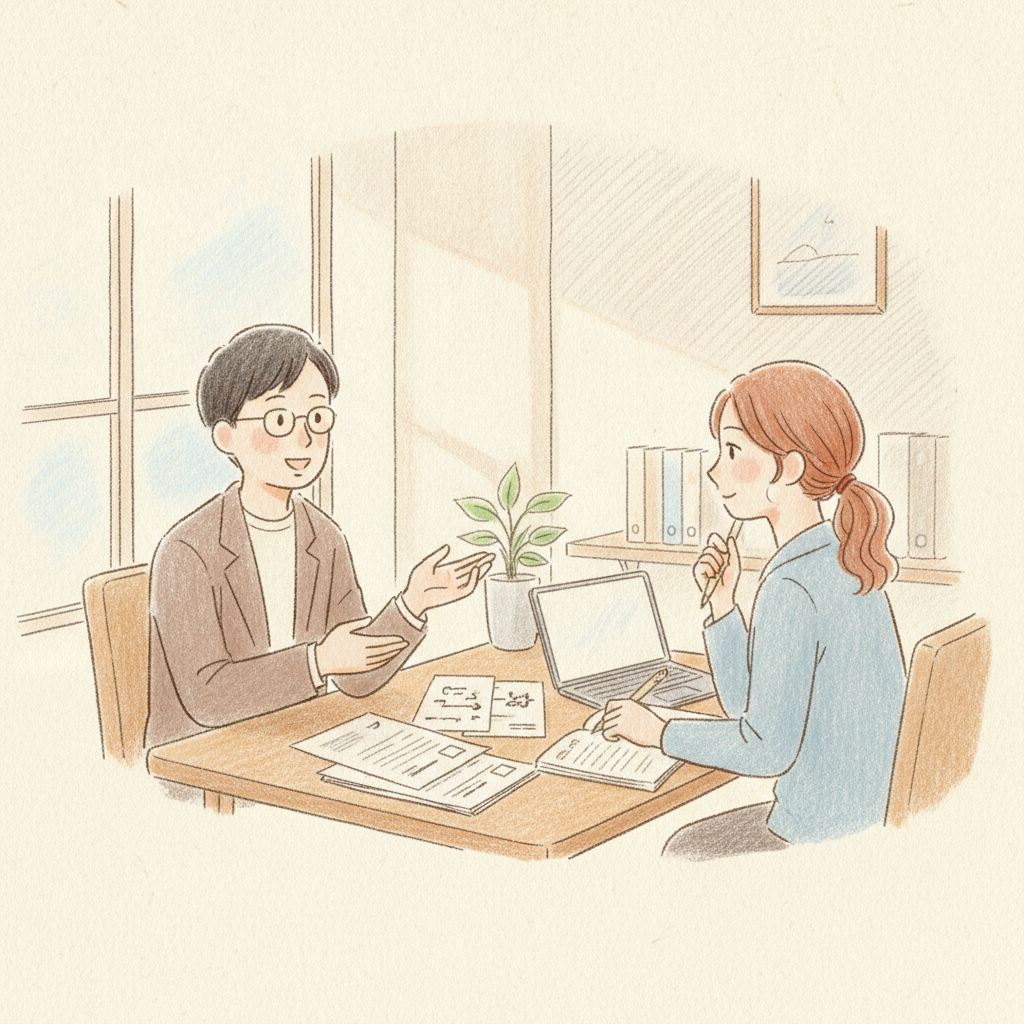 弁理士 宍戸と企業・大学の知財担当者が面談しているイラスト（色鉛筆風）