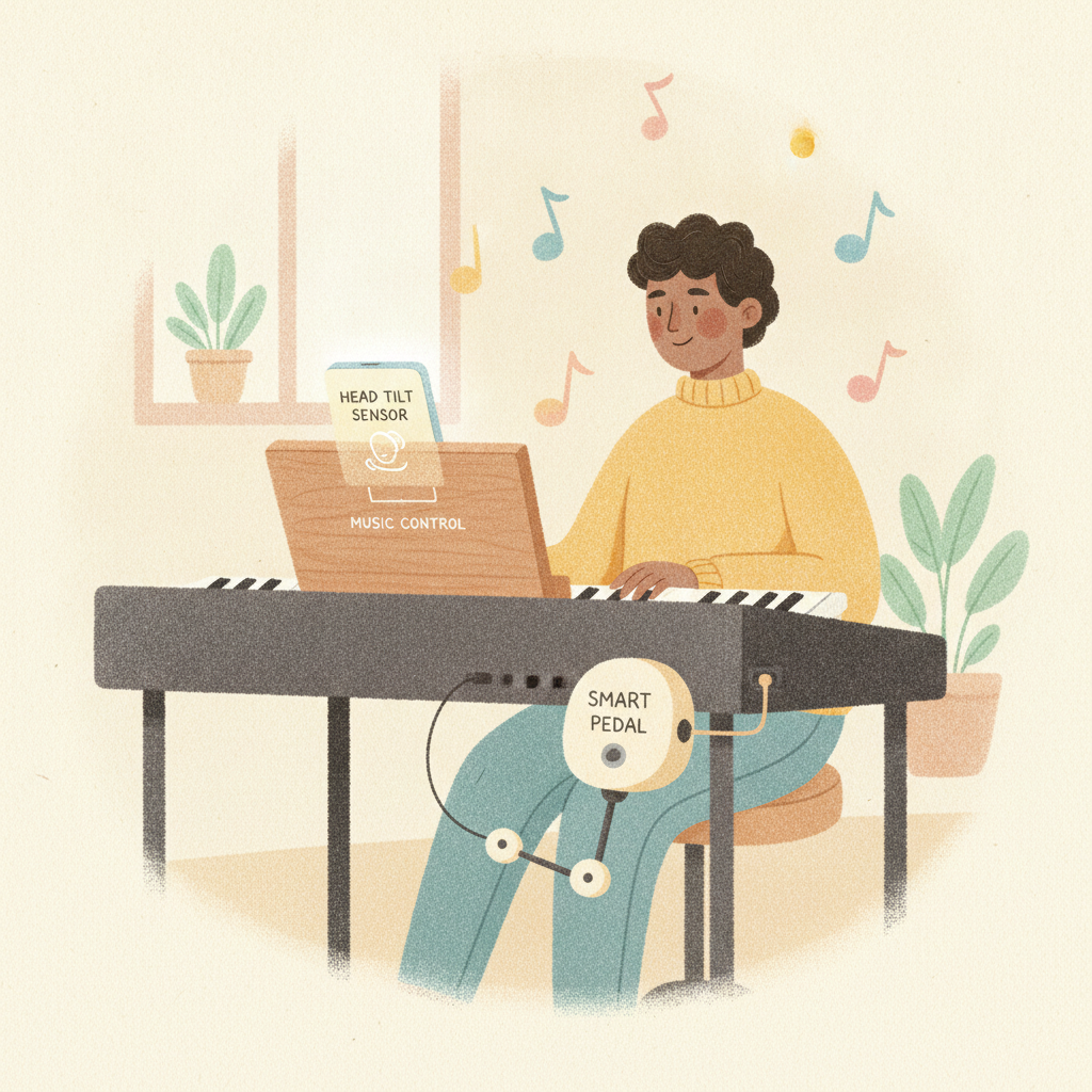 A person playing piano hands-free with a head-tilt sensor